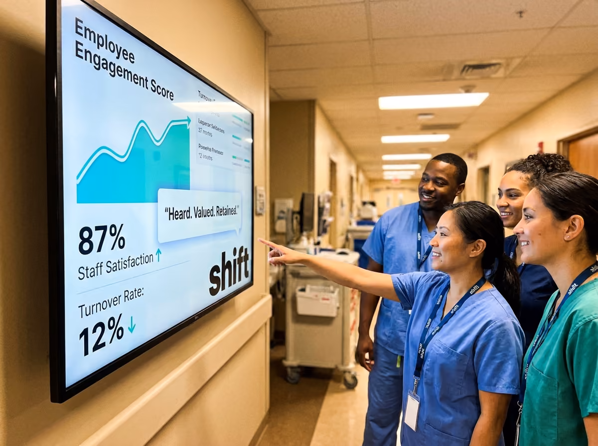 Healthcare staff in scrubs view a screen showing employee engagement scores, highlighting 87% satisfaction and 12% turnover.