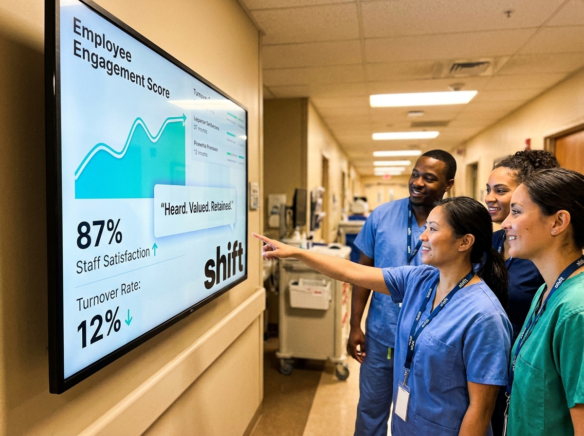 Healthcare staff in scrubs view a screen showing employee engagement scores, highlighting 87% satisfaction and 12% turnover.