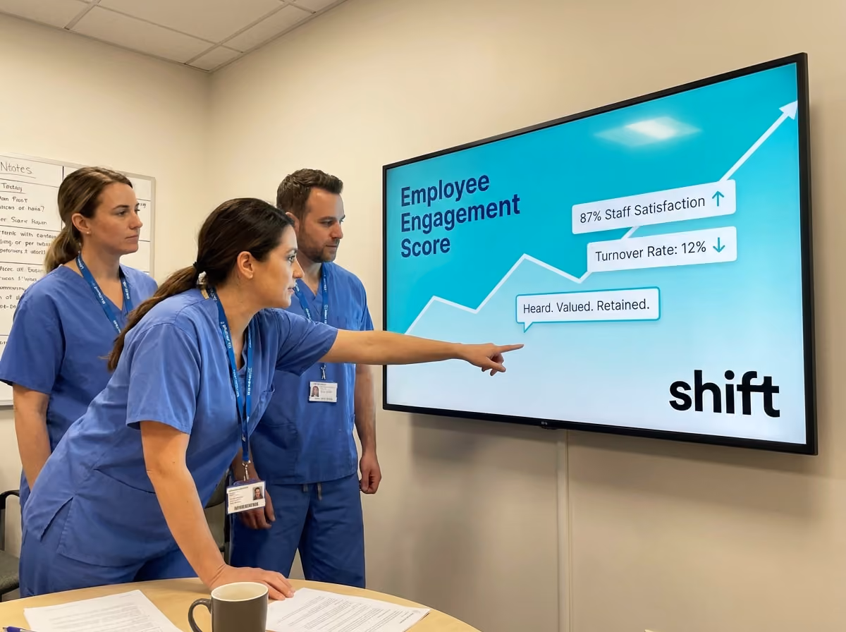 Three healthcare workers in scrubs discuss employee engagement scores on a screen, highlighting satisfaction and retention rates.