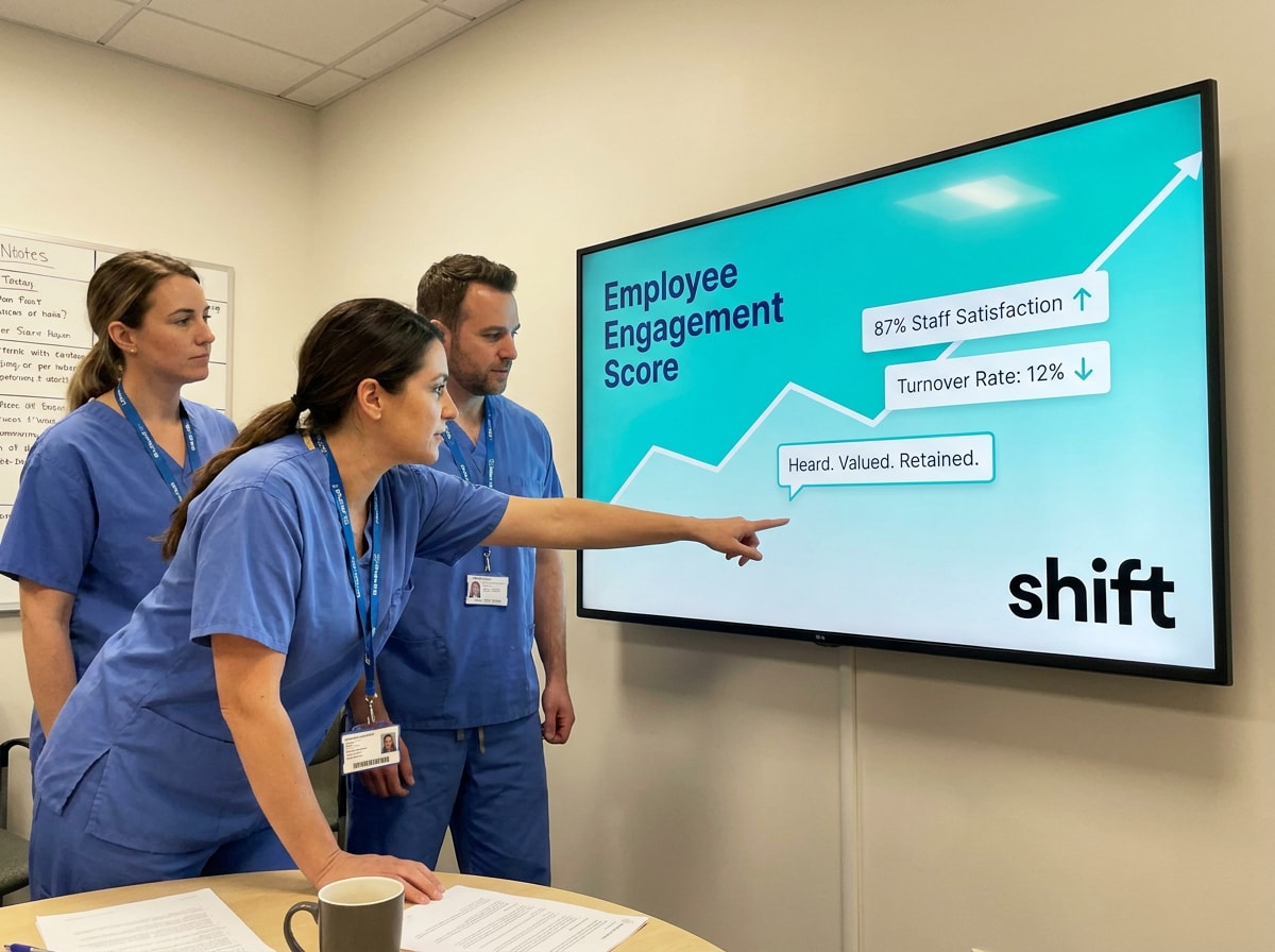 Three healthcare workers in scrubs discuss employee engagement scores on a screen, highlighting satisfaction and retention rates.