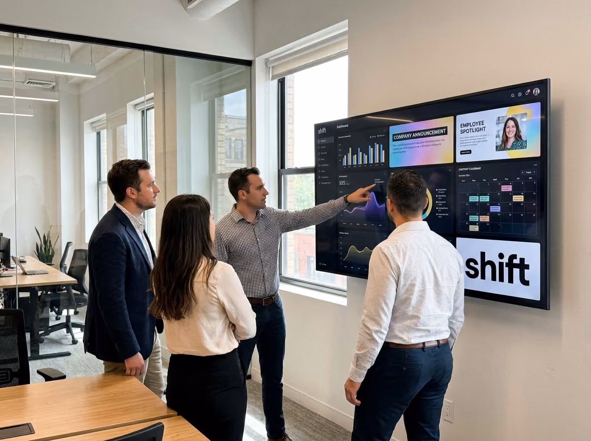Four colleagues discuss data on a large screen in a modern office, focusing on graphs and company announcements.