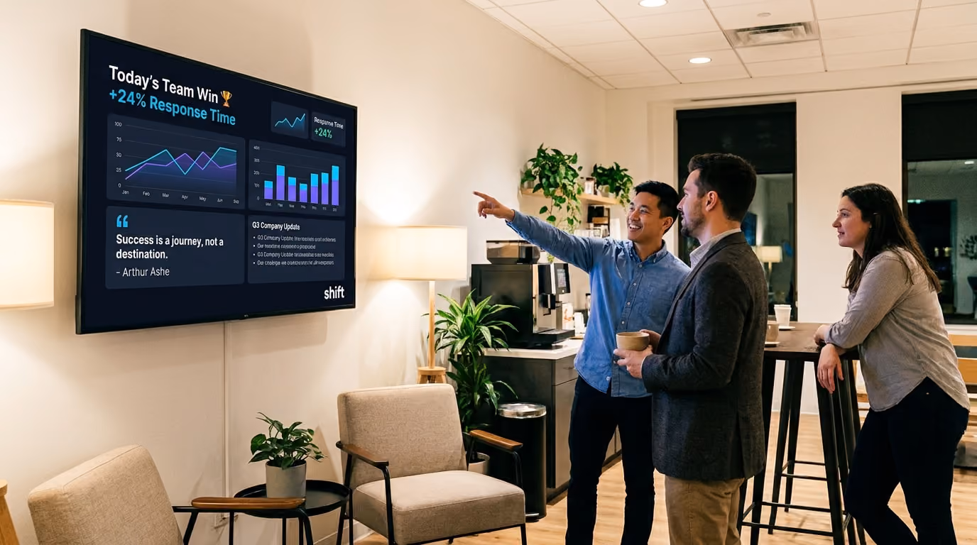 Team discusses data on a screen showing graphs and quotes in a modern office with plants and seating, highlighting success.