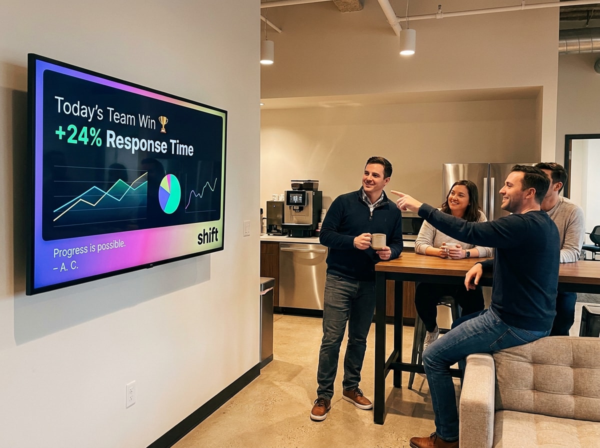 Team celebrates 24% response time improvement, smiling at a screen with charts and graphs in a modern office kitchen.