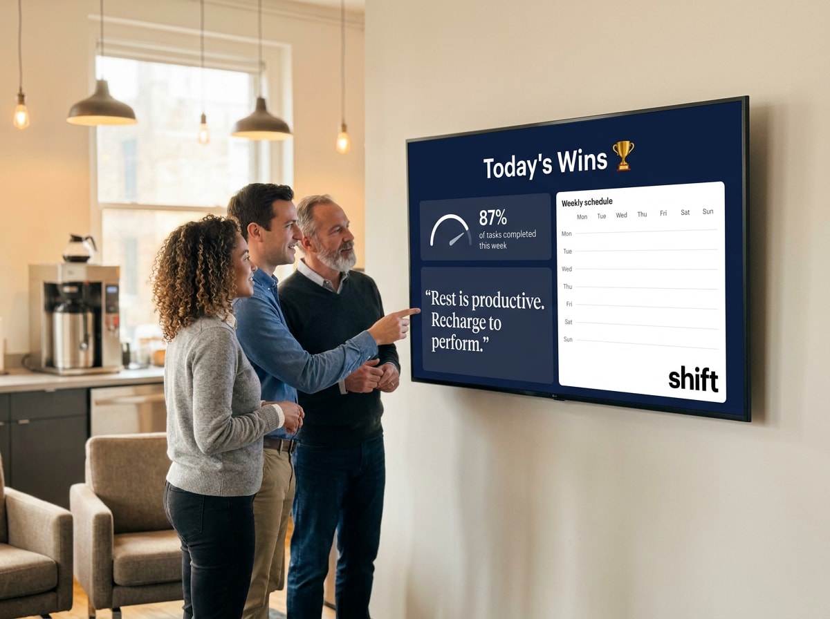 Three people discuss a screen showing "Today's Wins," 87% task completion, and a motivational quote in a modern office.