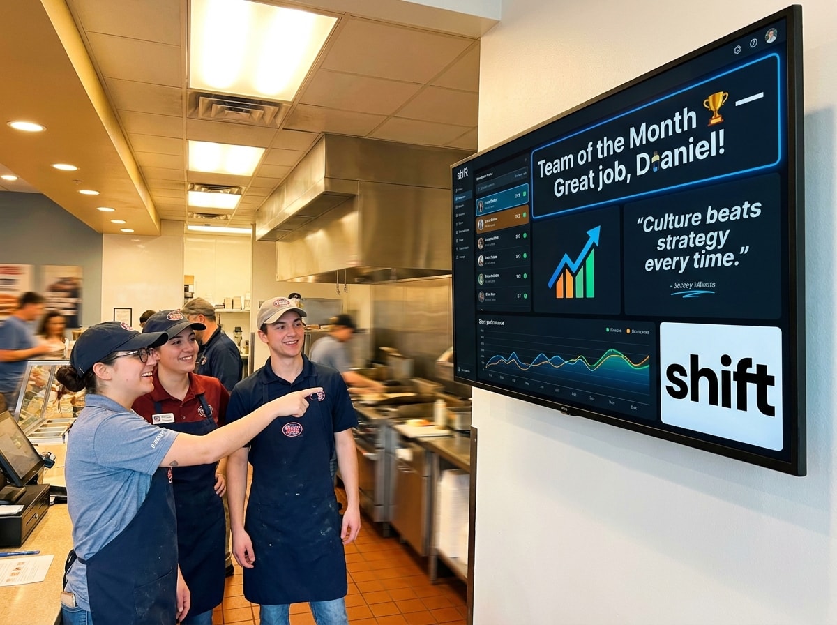 Store employees celebrate "Team of the Month" on a screen, pointing and smiling behind the sandwich counter.