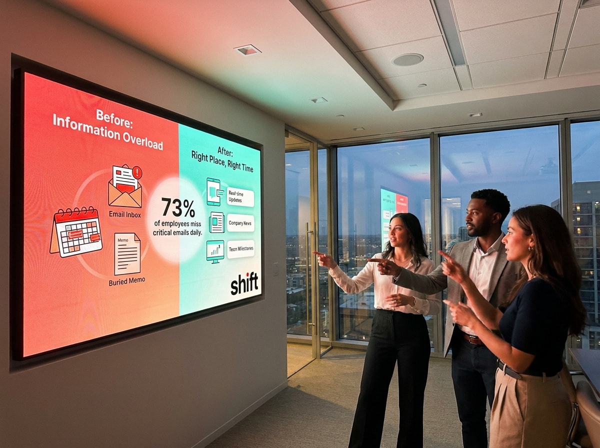 Three people discuss a presentation on email overload and solutions, highlighting 73% of employees miss critical emails daily.