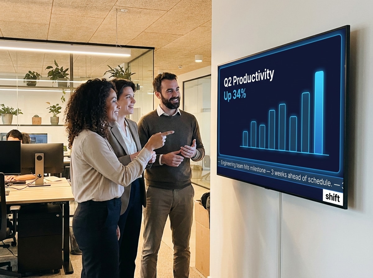 Three colleagues smile at a screen showing "Q2 Productivity Up 34%," celebrating the engineering team's milestone achievement.