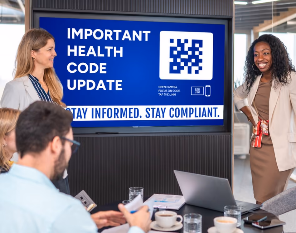Two women stand by a screen displaying "Important Health Code Update" and a QR code, while two men and a woman seated take notes. The mood is professional.