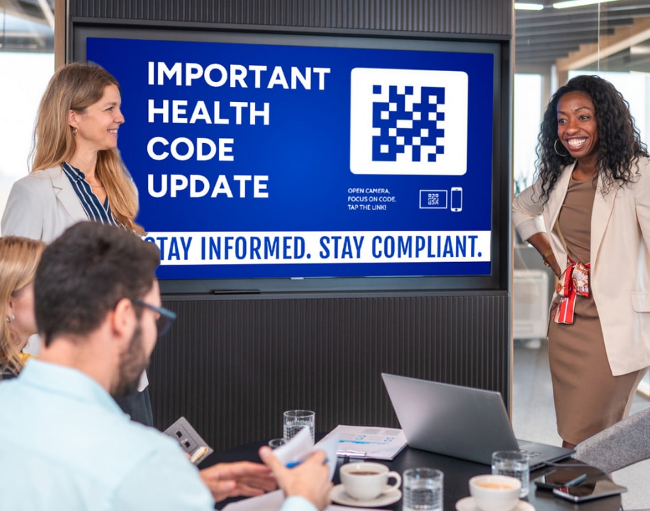 Two women stand by a screen displaying "Important Health Code Update" and a QR code, while two men and a woman seated take notes. The mood is professional.