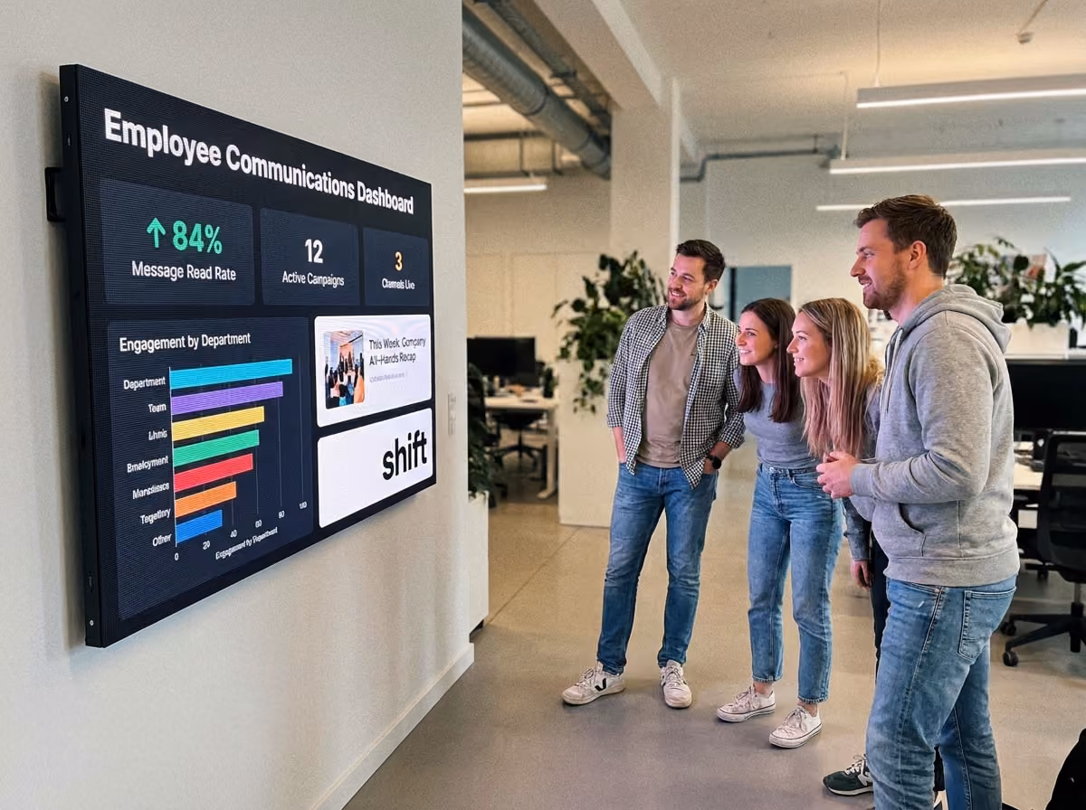 Four colleagues view an office dashboard displaying employee communication metrics, including message read rate and engagement.