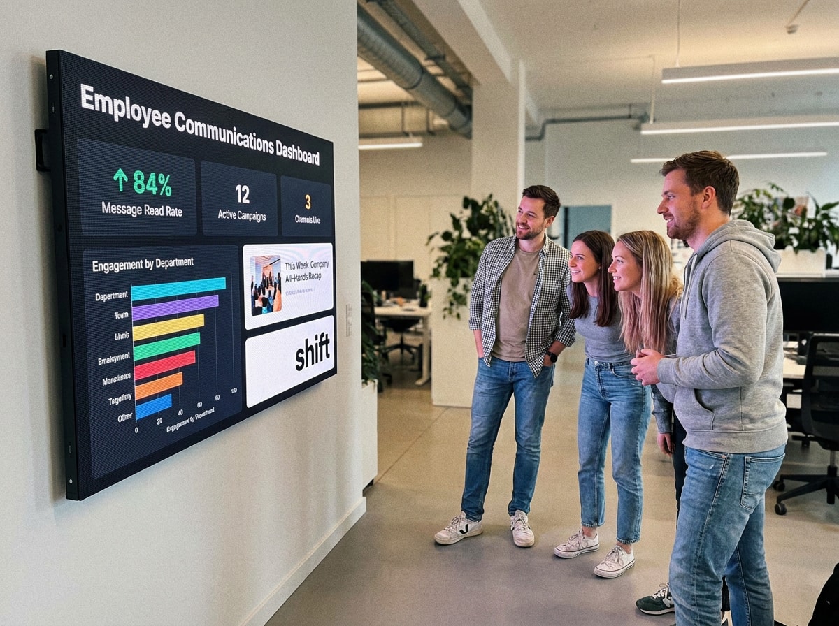 Four colleagues view an office dashboard displaying employee communication metrics, including message read rate and engagement.