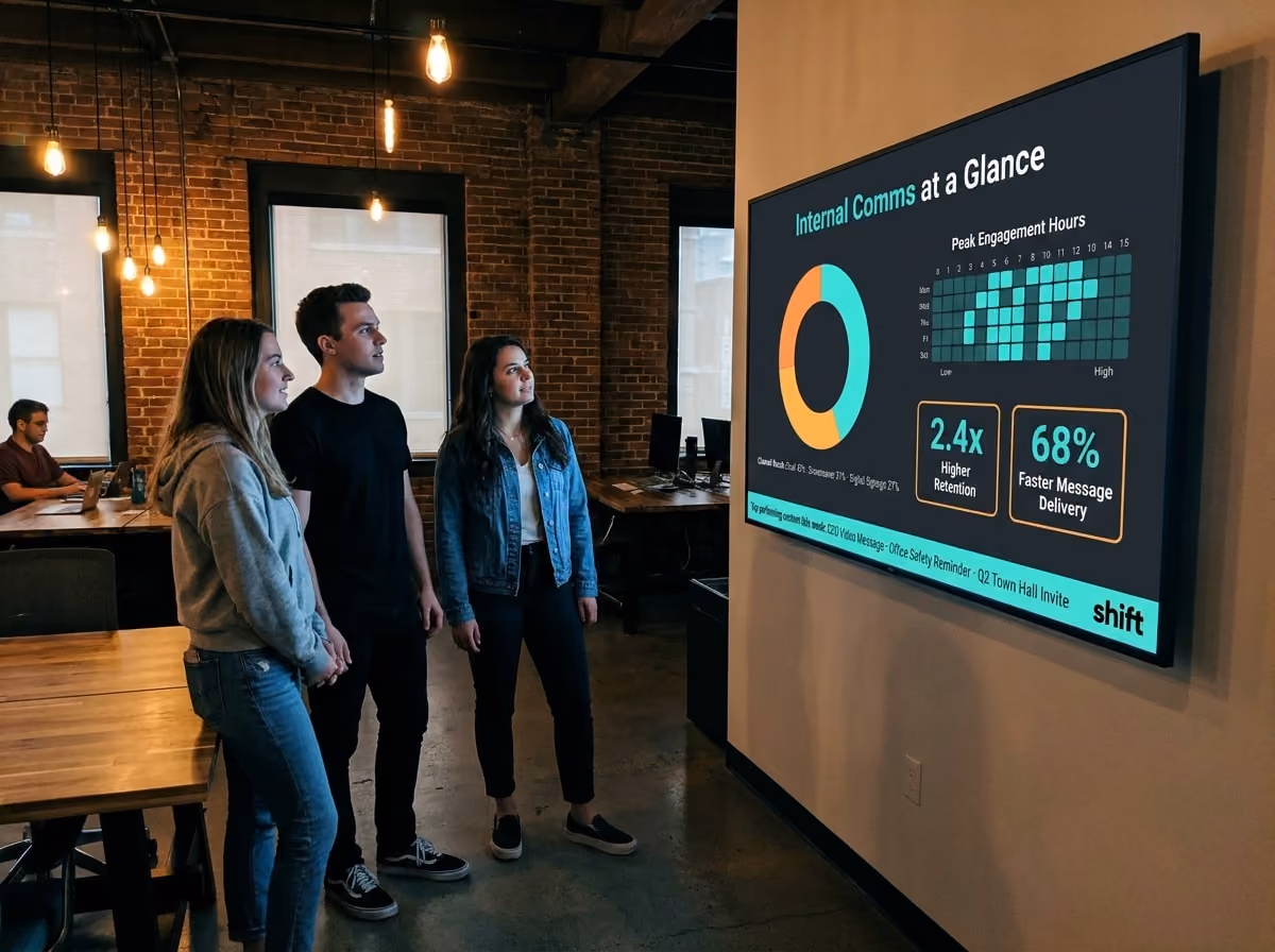 Three people in an office watch a screen displaying internal comms data, highlighting engagement, retention, and delivery stats.