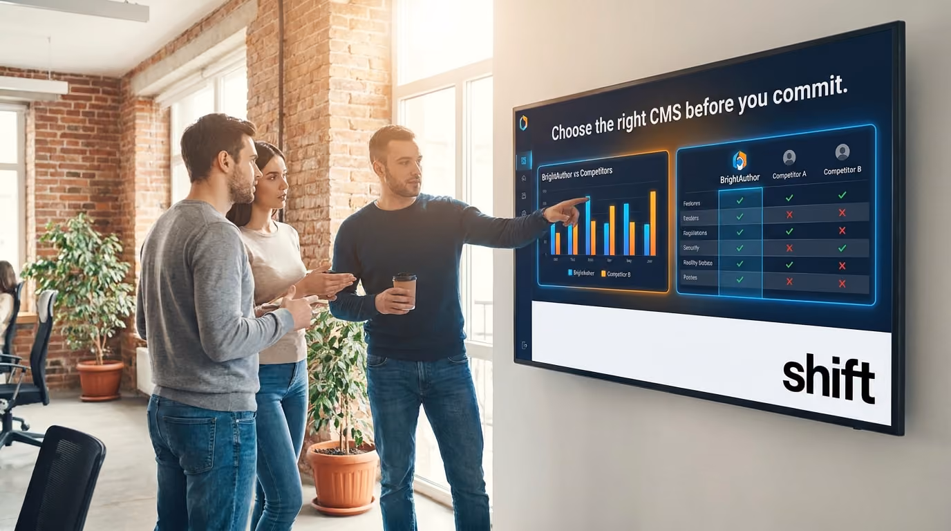 Three colleagues discuss CMS options, pointing at a screen with graphs comparing BrightAuthor and competitors in a modern office.