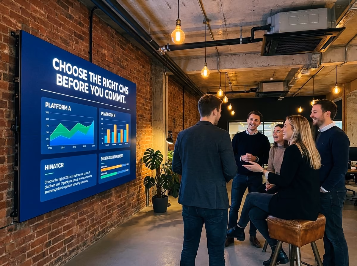 Team discusses CMS options in a modern office, with a large screen displaying graphs and "Choose the Right CMS" text.