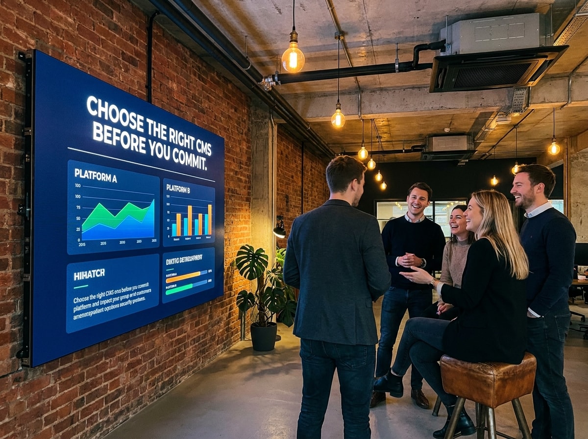 Team discusses CMS options in a modern office, with a large screen displaying graphs and "Choose the Right CMS" text.