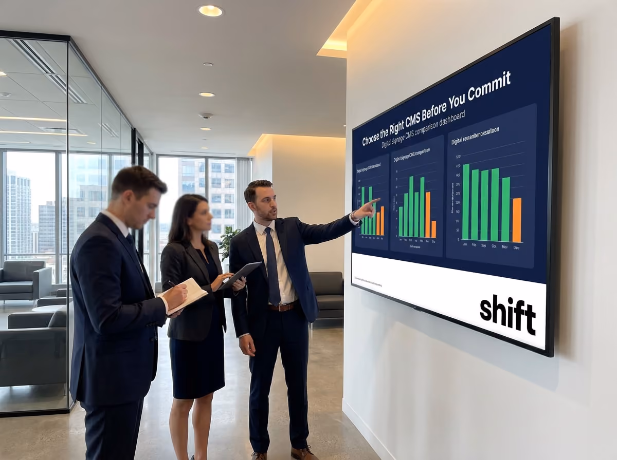 Business meeting in modern office, man points at CMS data on screen, colleagues take notes.