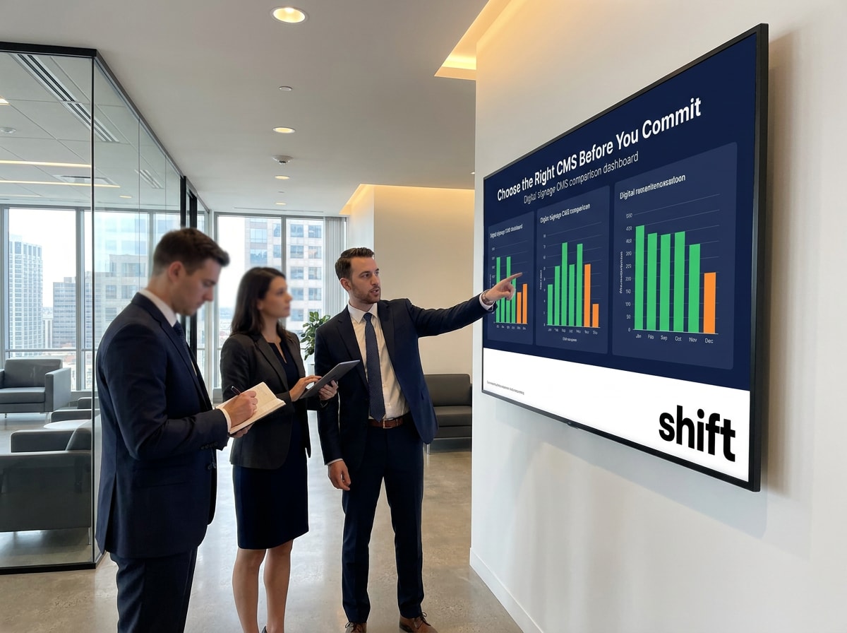 Business meeting in modern office, man points at CMS data on screen, colleagues take notes.