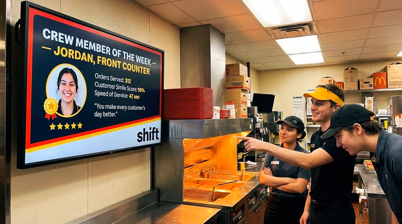 Three fast-food workers smile and point at a "Crew Member of the Week" screen featuring a colleague's achievements. The mood is celebratory and encouraging.
