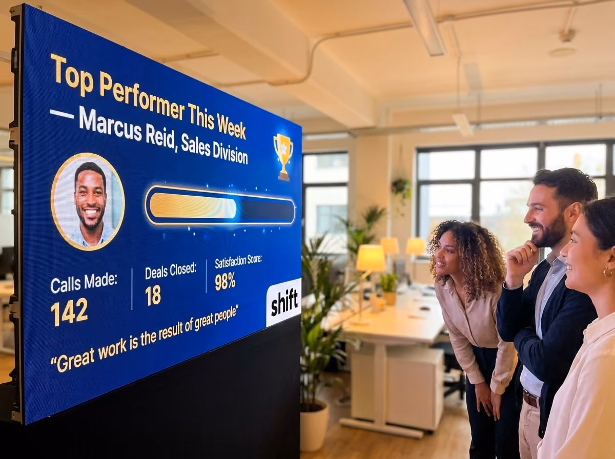 Office workers admire a screen showing Marcus Reid as Top Performer with 142 calls, 18 deals, and 98% satisfaction.