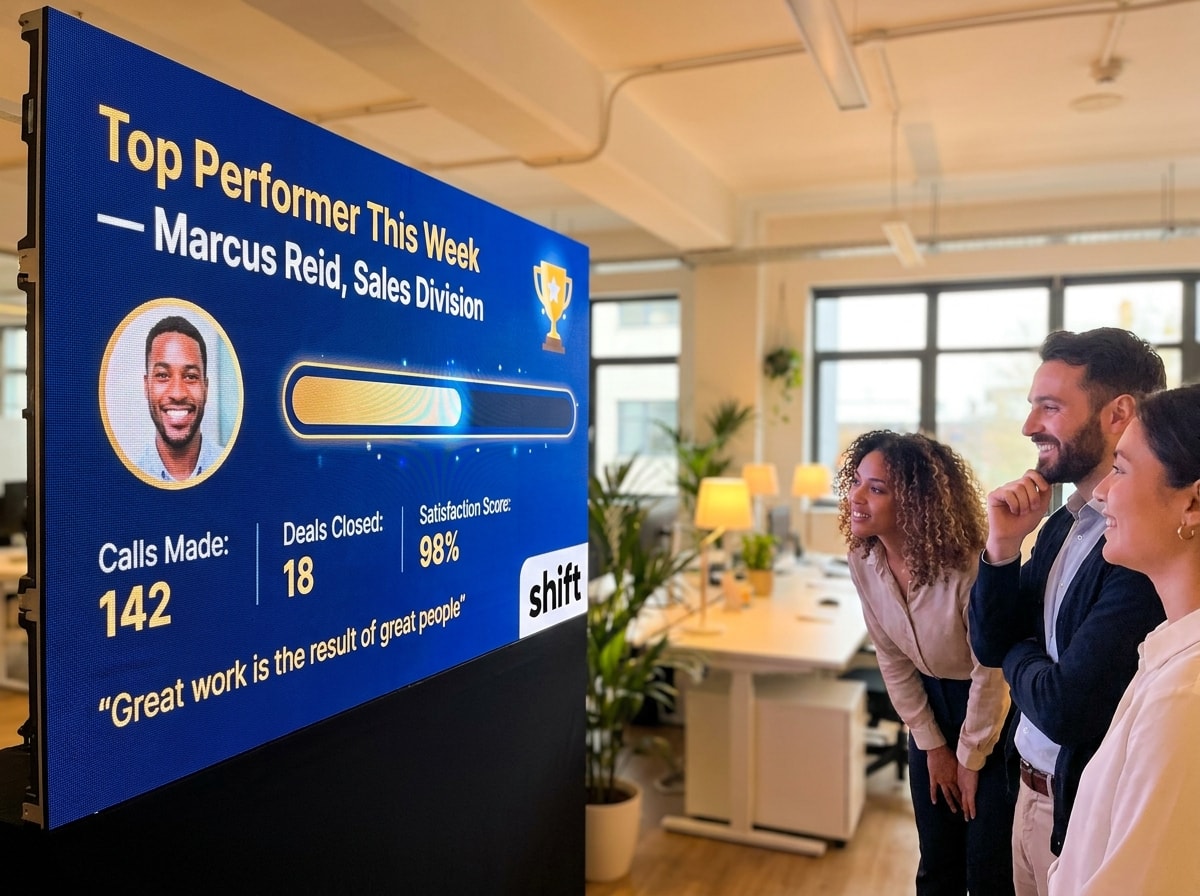Office workers admire a screen showing Marcus Reid as Top Performer with 142 calls, 18 deals, and 98% satisfaction.