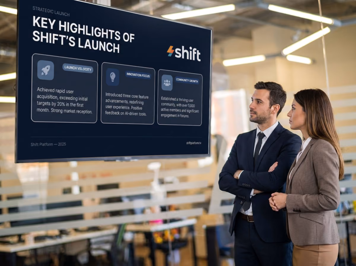 Two professionals in business attire attentively view a presentation screen titled "Key Highlights of Shift's Launch" in a modern office setting.