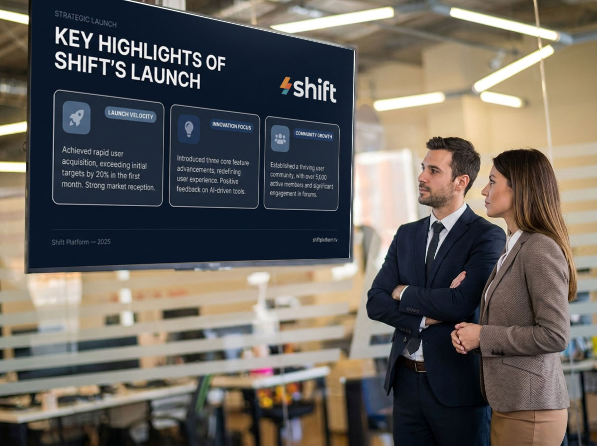 Two professionals in business attire attentively view a presentation screen titled "Key Highlights of Shift's Launch" in a modern office setting.