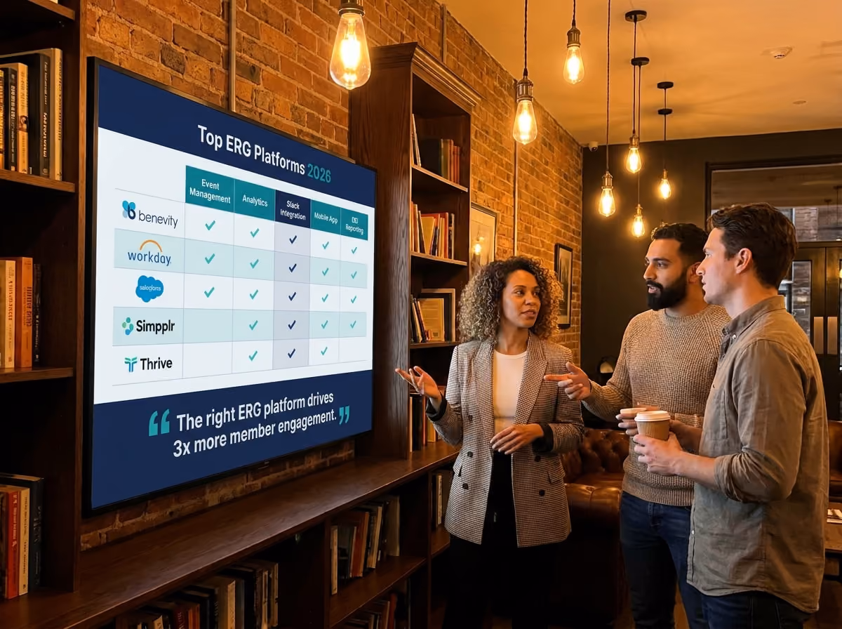 A diverse group of three people discusses a presentation on "Top ERG Platforms 2026" in a cozy office with warm lighting and brick walls.
