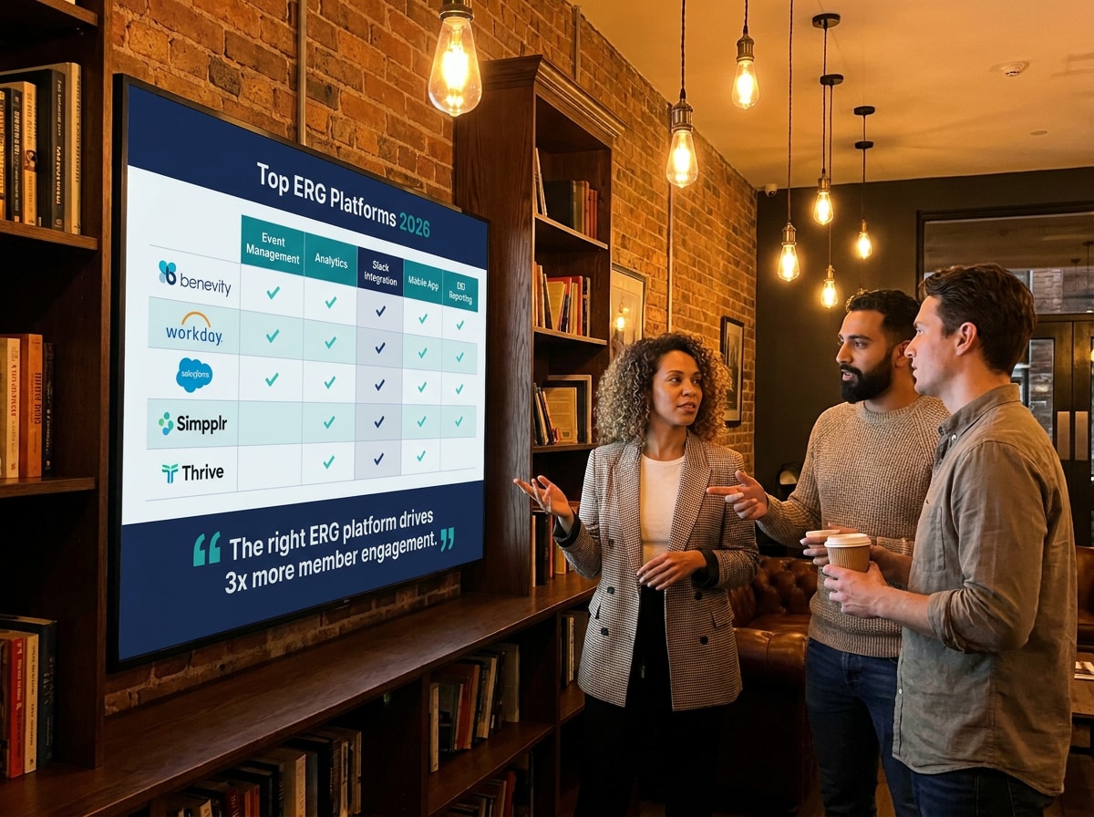 A diverse group of three people discusses a presentation on "Top ERG Platforms 2026" in a cozy office with warm lighting and brick walls.