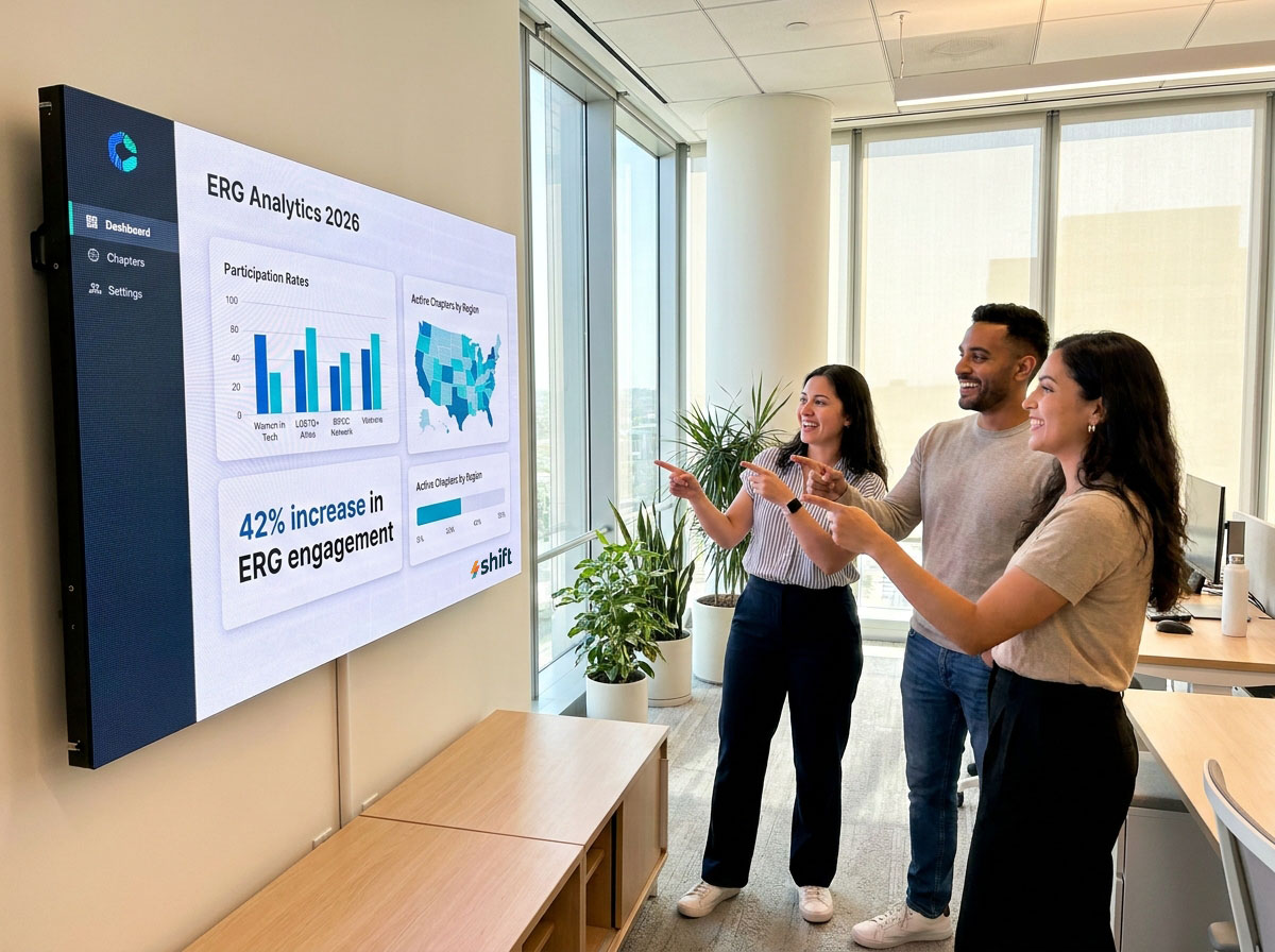 Three people happily discussing data shown on a wall-mounted screen in a modern office. The screen displays analytics and charts about ERG engagement.