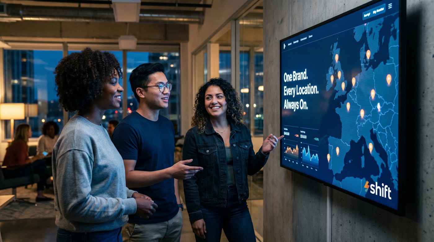 Three people discuss a digital map display in an office, highlighting global locations with the slogan "One Brand. Every Location.
