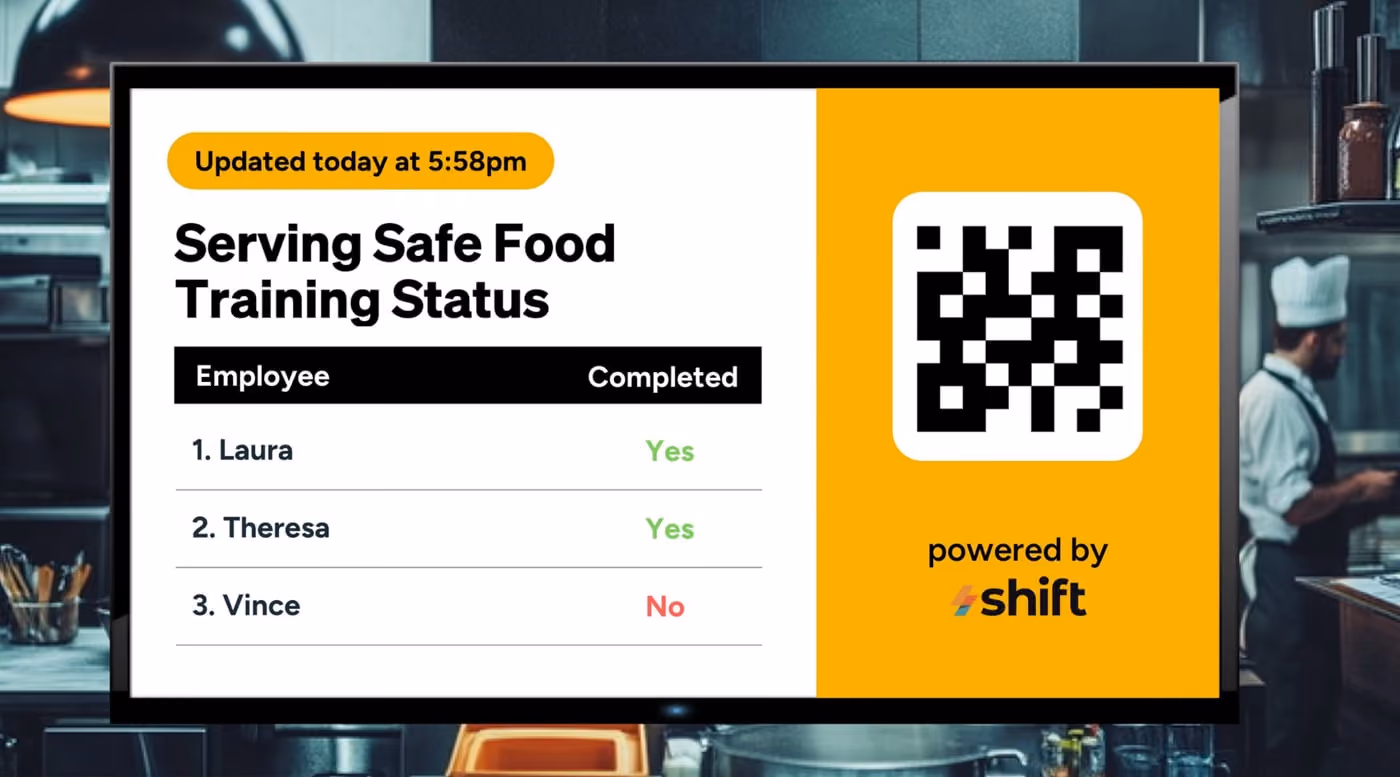 Yellow sign displaying a QR code and text indicating serving safe food training status. 