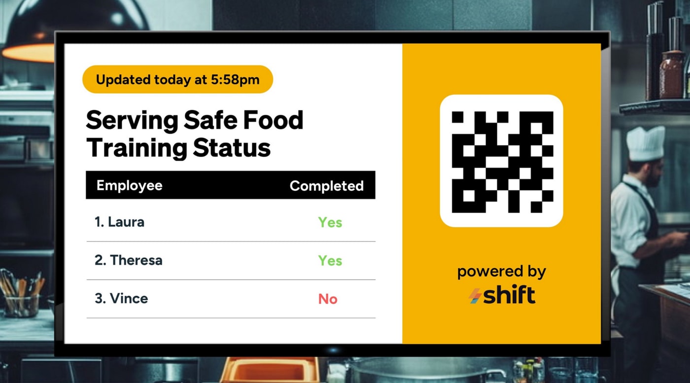 Yellow sign displaying a QR code and text indicating serving safe food training status.