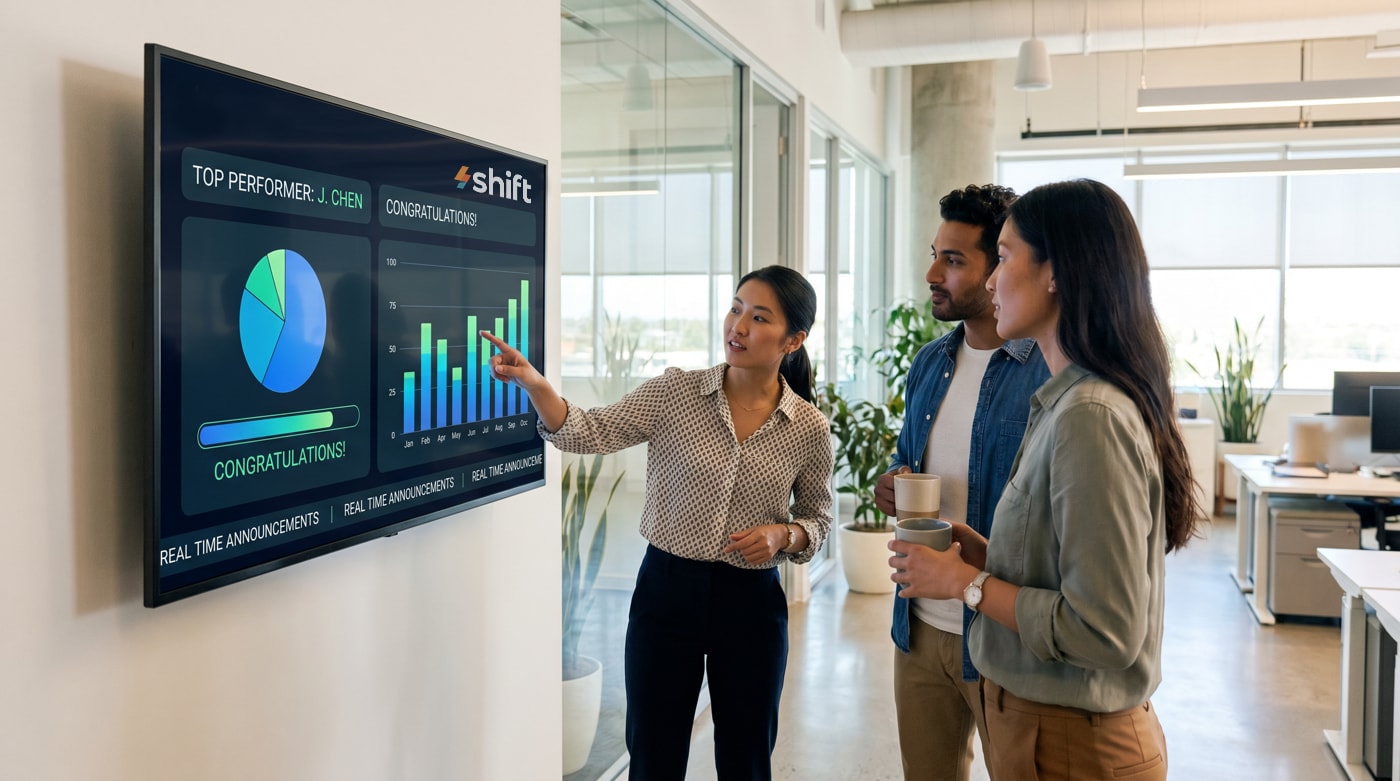 Three colleagues discuss data on a screen showing charts and a top performer announcement in a modern office setting.