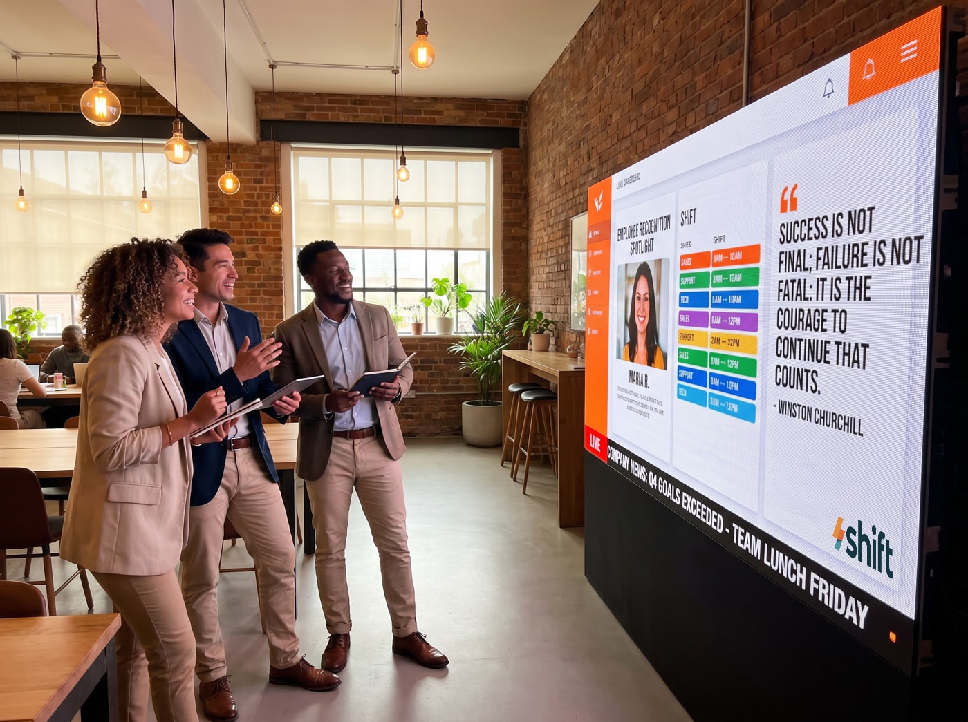 Three colleagues in a modern office smile at a large screen displaying employee recognition and motivational quotes.