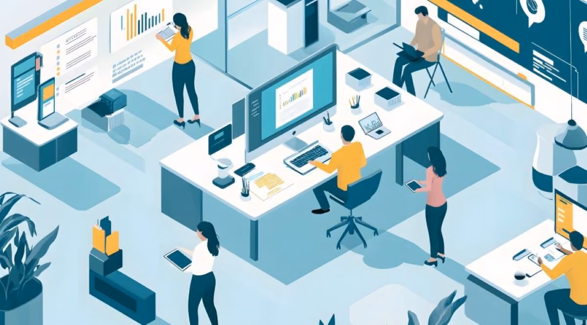 This image features a graphic that that shows workers in a office workspace. Some of the workers are sitting at desks, while others are standing or walking. Most of the workers are using or viewing electronic screens and devices.