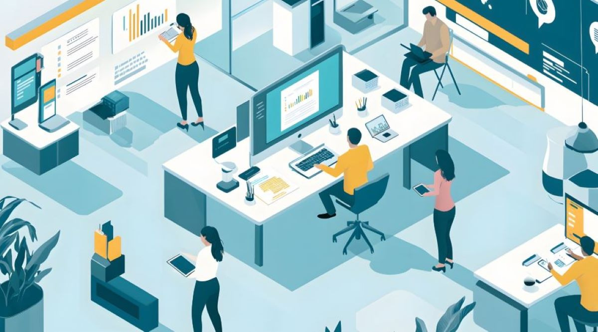 This image features a graphic that that shows workers in a office workspace. Some of the workers are sitting at desks, while others are standing or walking. Most of the workers are using or viewing electronic screens and devices. 