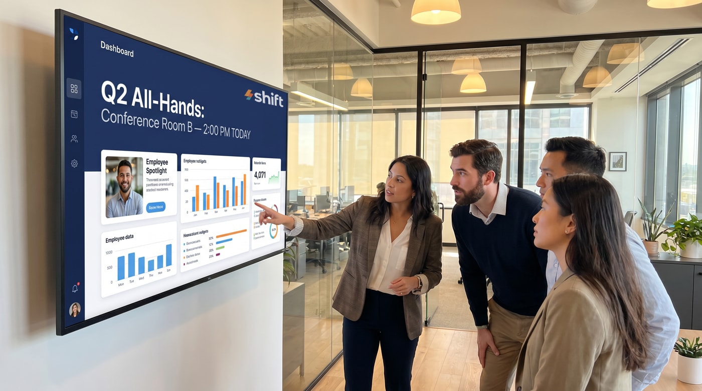 Team reviews data on a screen in a modern office, preparing for the Q2 All-Hands meeting in Conference Room B at 2 PM.