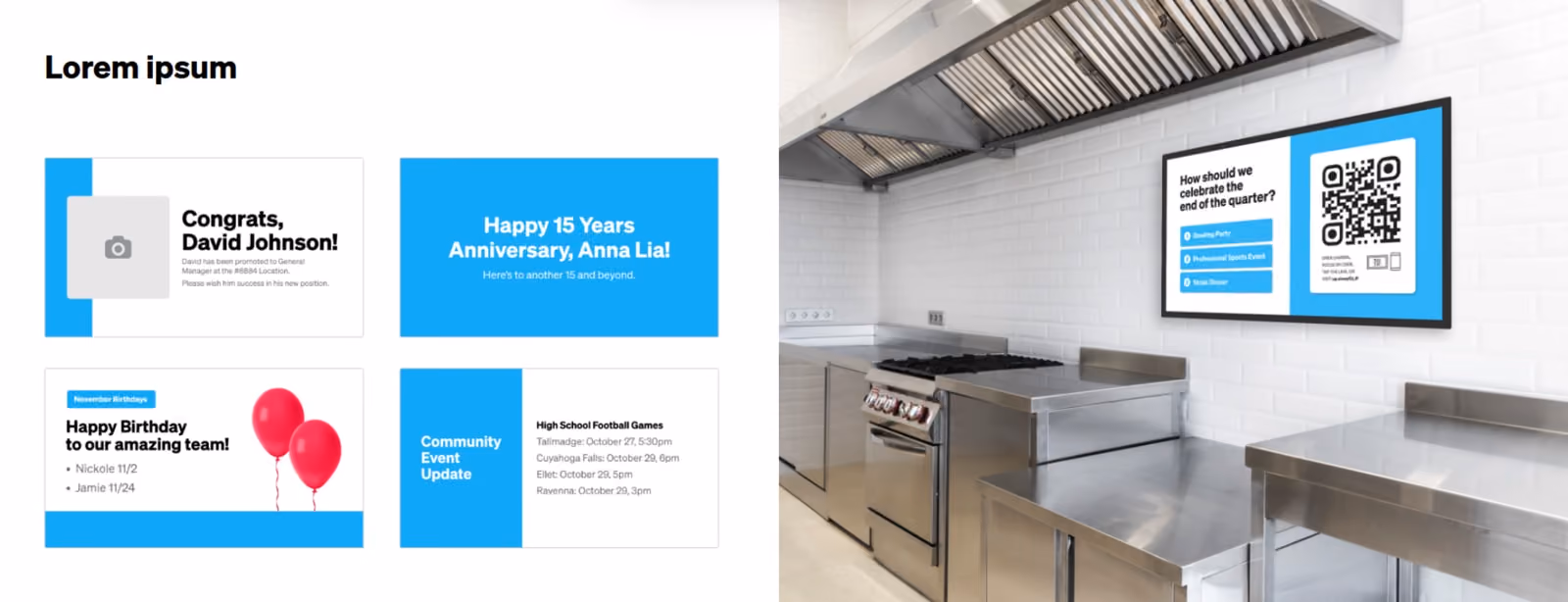 A kitchen featuring blue and white walls, with a QR code displayed prominently on a countertop. 
