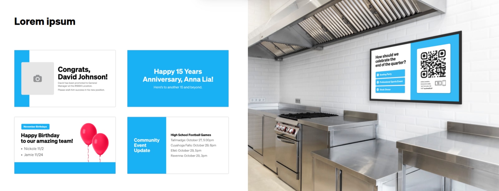 A kitchen featuring blue and white walls, with a QR code displayed prominently on a countertop.