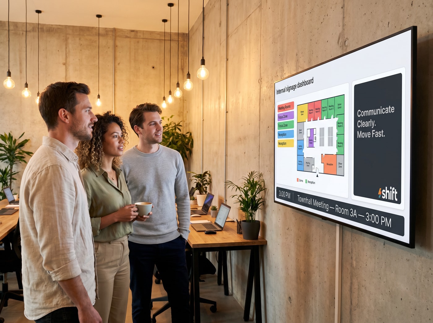 Three colleagues in a modern office discuss a digital dashboard displaying meeting room info and the message "Communicate Clearly.