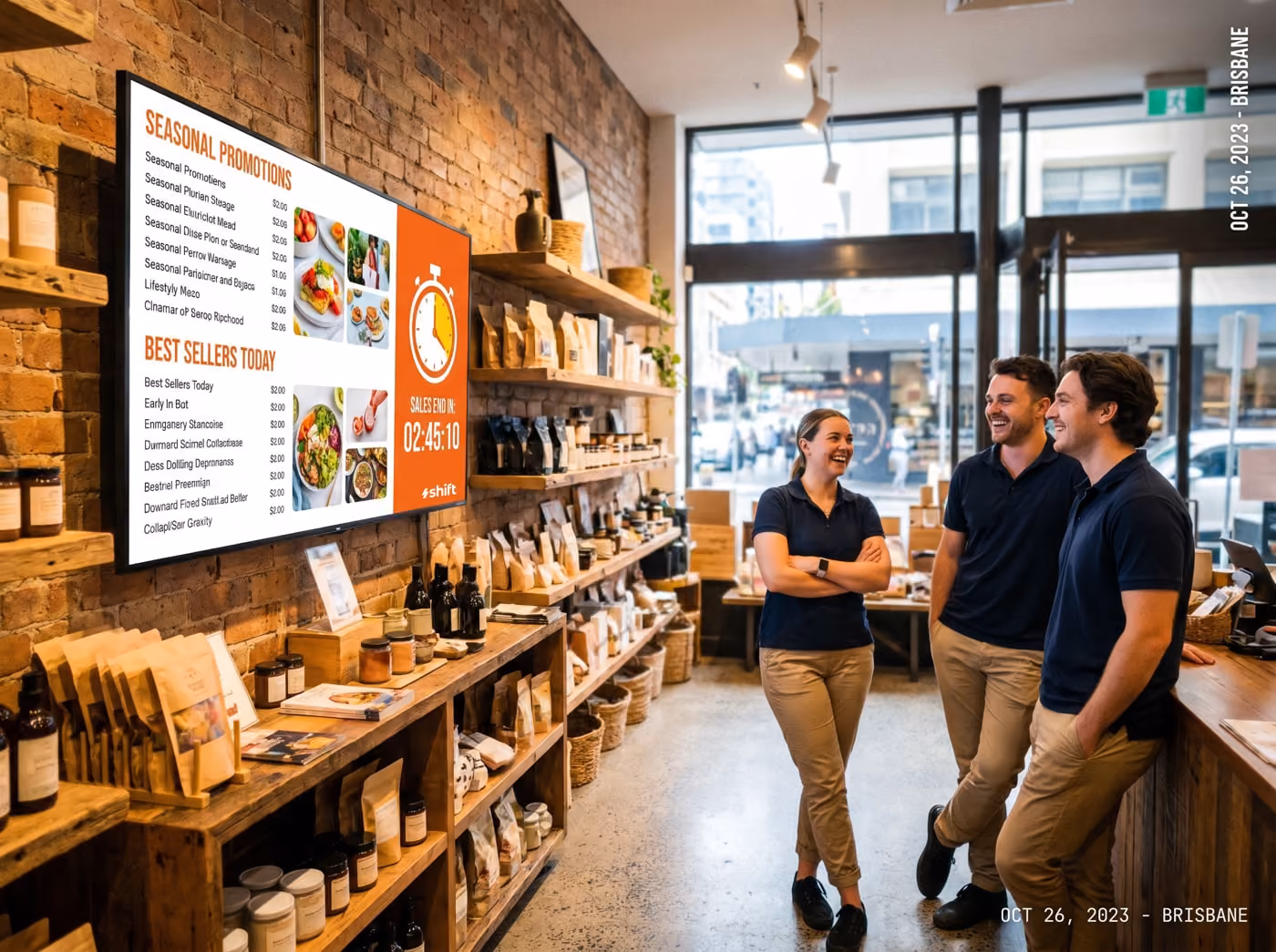Three staff in a Brisbane store chat by shelves. A screen displays seasonal promotions and best sellers, with a countdown timer.