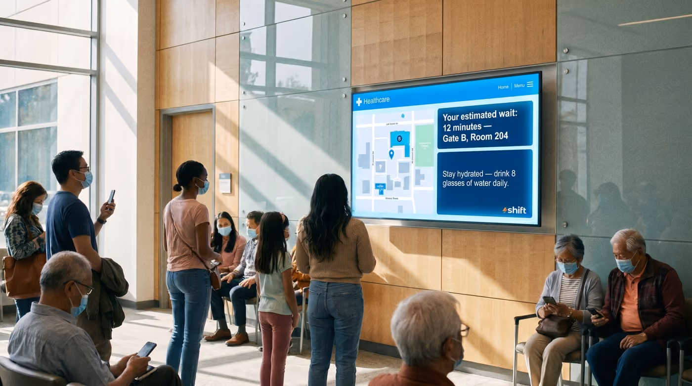 People in masks wait in a hospital lobby, checking phones. A screen shows a 12-minute wait and hydration advice