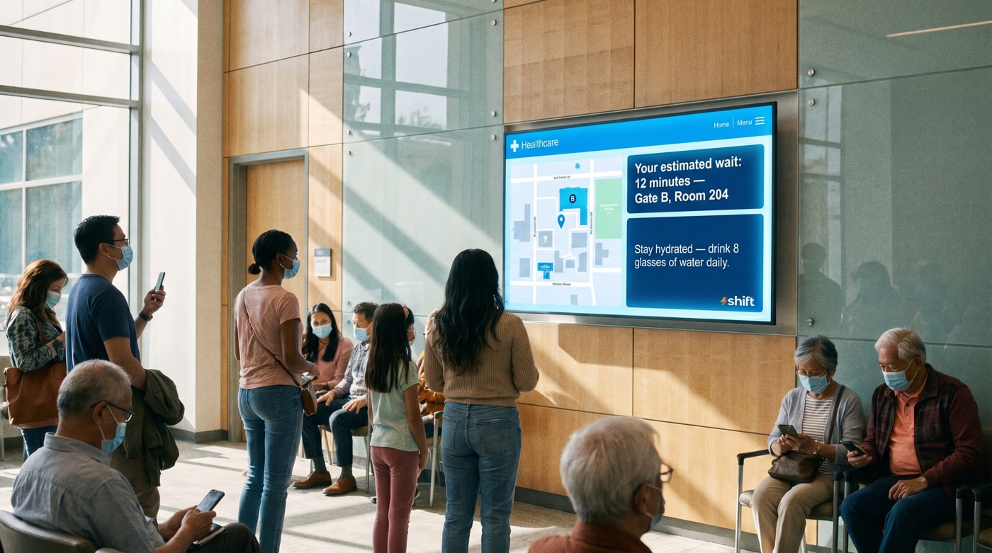 People in masks wait in a hospital lobby, checking phones. A screen shows a 12-minute wait and hydration advice