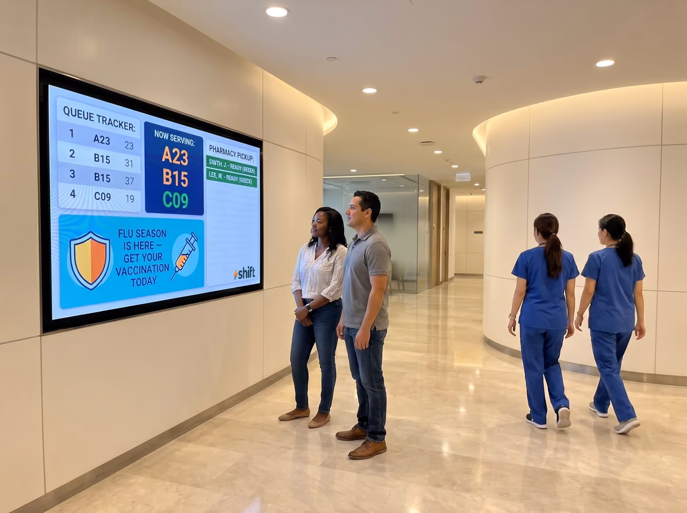 Two people view a digital queue board in a clinic hallway, while two nurses walk by. Flu vaccination reminder is displayed.