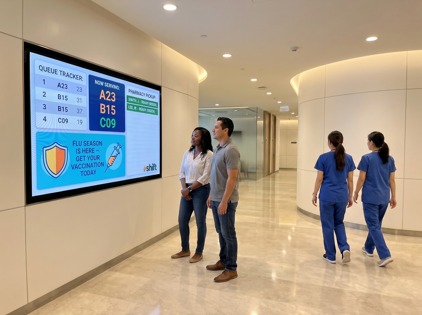 Two people view a digital queue board in a clinic hallway, while two nurses walk by. Flu vaccination reminder is displayed.