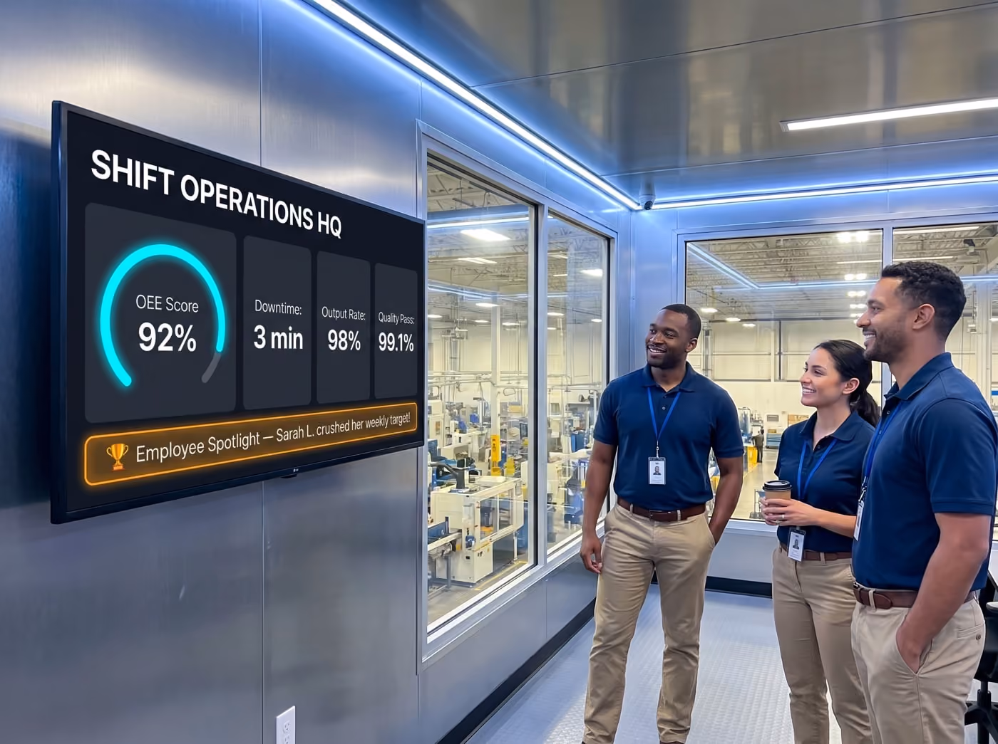 Three employees in blue shirts smile at a screen showing Shift Operations HQ data: OEE 92%, Downtime 3 min, Output 98%, Quality 99.1%.