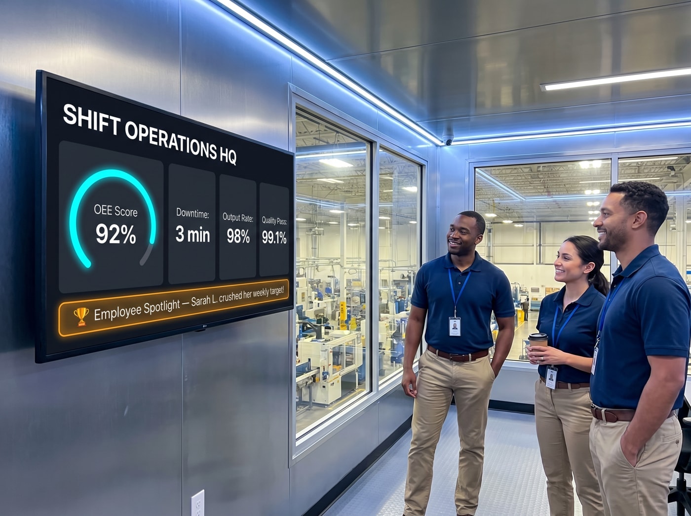 Three employees in blue shirts smile at a screen showing Shift Operations HQ data: OEE 92%, Downtime 3 min, Output 98%, Quality 99.1%.