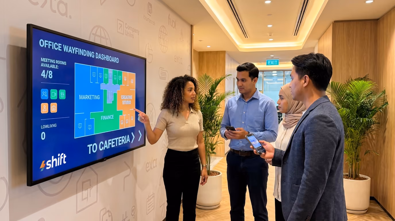 Office workers discuss a wayfinding dashboard showing available meeting rooms and directions to the cafeteria.