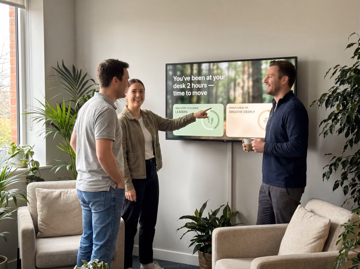 Team meeting in office, four people focus on screens showing deployment and error rate data on a brick wall.