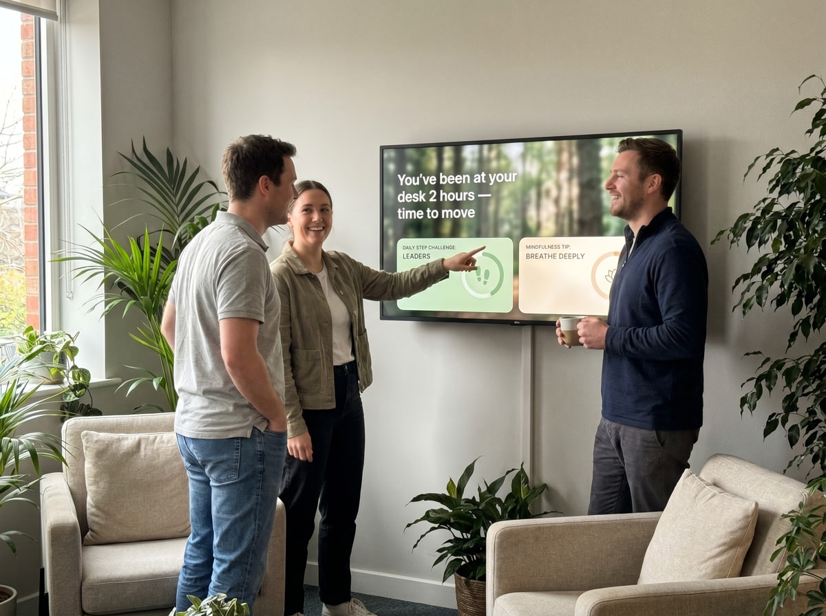 Team meeting in office, four people focus on screens showing deployment and error rate data on a brick wall.